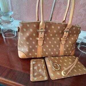 Dooney & Bourke Vintage Carmel Monogram Coated Cotton & Vachetta Leather Satchel